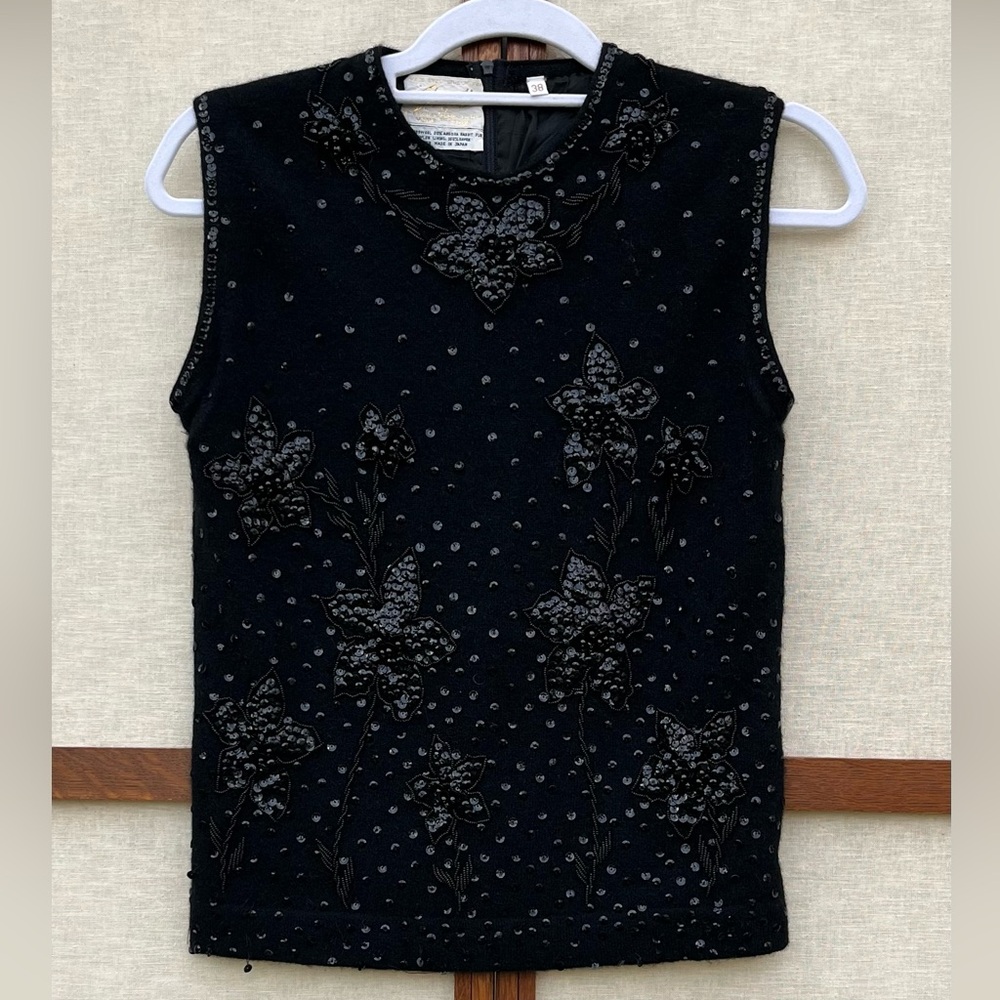 Vintage 1950s Stewart’s Lambswool Angora Black Beaded Sequin Sleeveless Sweater